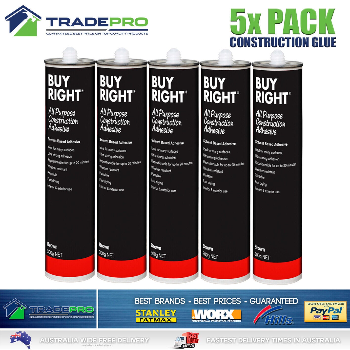 5x Glue Construction Adhesive BuyRight 300g Cartridge Liquid No Nails 5pc
