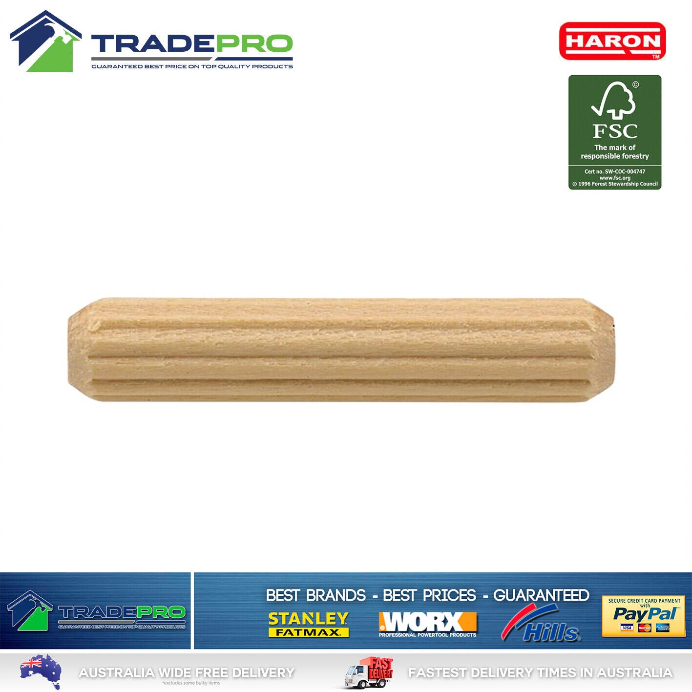 Dowels 8mm x38mm 50PC Fluted Wooden Hardwood Timber Dowel Pins Craft Cabinet Pin