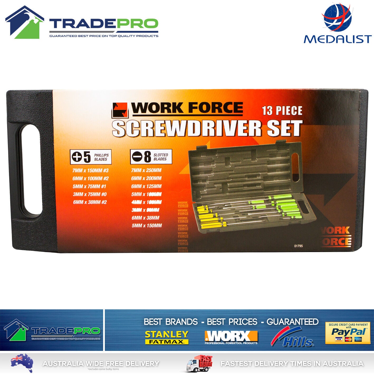 Screw Driver Set 13 piece Phillips & Flat in Carry Case Quality 13pc Screwdriver