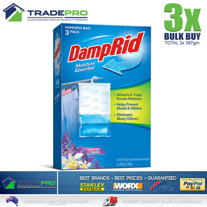 3x DampRid Hanging Moisture Absorber 397g Damp Rid Lavender Mould Odour Kill