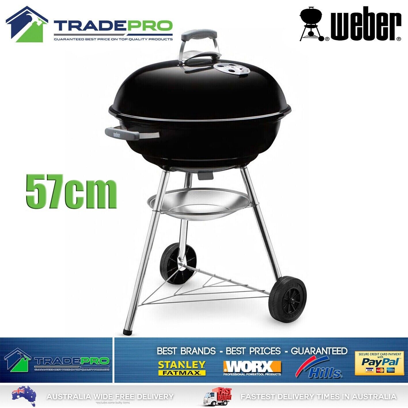 BBQ Weber Charcoal Kettle 57cm Grill with Hood &Wheels Black Barbecue Portable