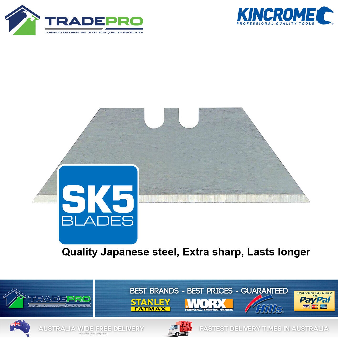 Kincrome Utility Knife Blades 50 Piece Kit PRO Razor Carbon Steel Safety Cutter