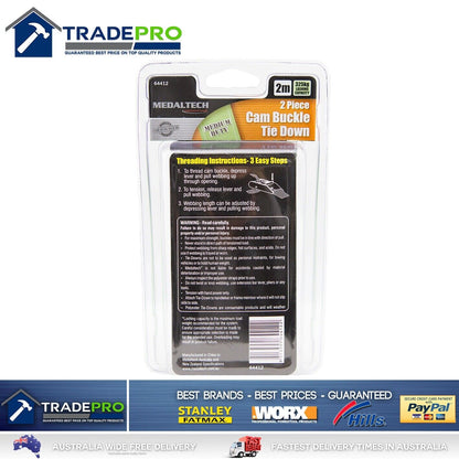 Tie Down Cam Buckle 2Mtr 2PC Trade Quality 650kg Quick Release Heavy Cargo Strap