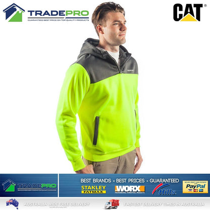 CAT Caterpillar Mens Genuine Hoodie Yellow Hi-Vis 1/4 Zip Jumper Workwear Small