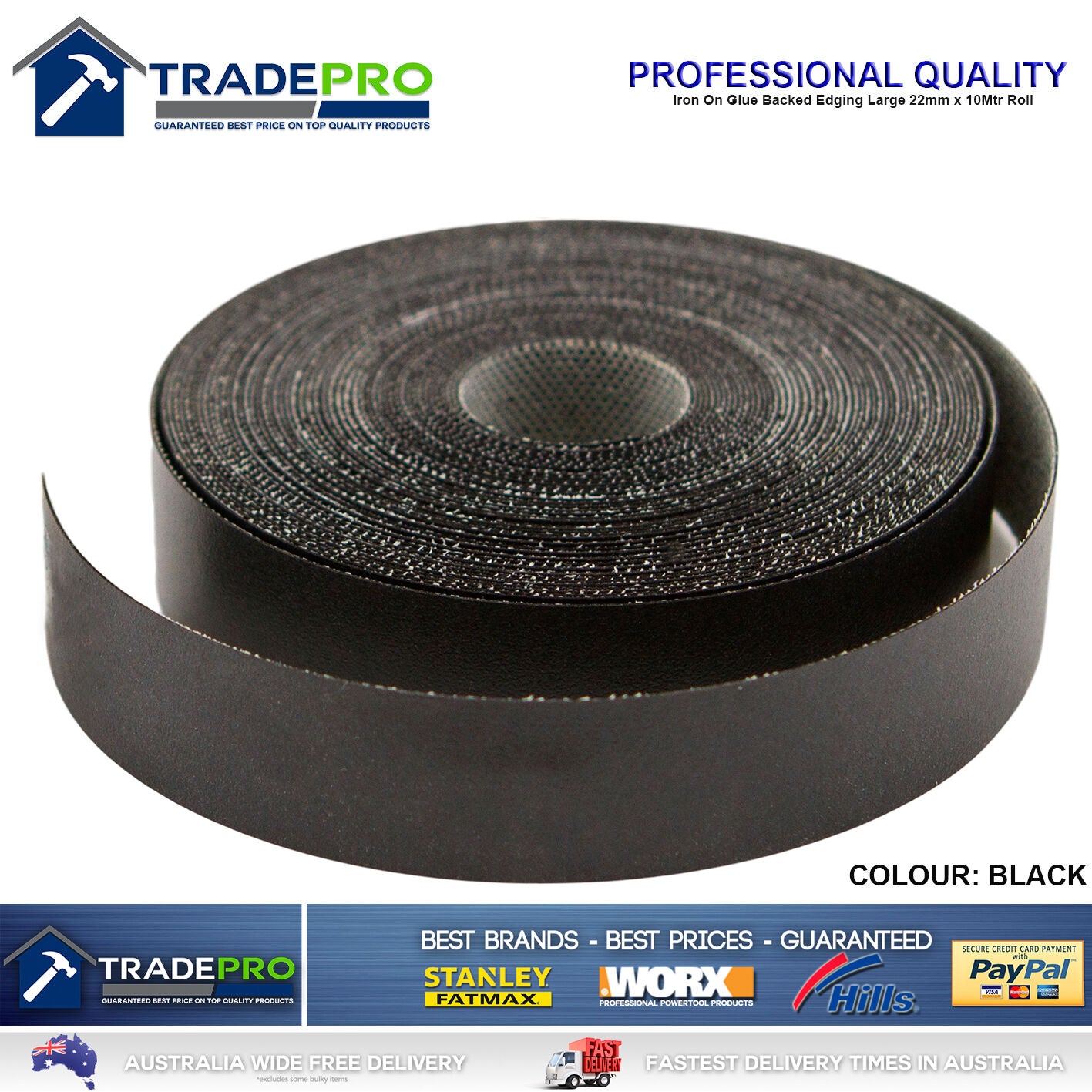 Black Melamine Edge Tape 22mm x 10m ICON® Iron On Glued Veneer Edging Laminate