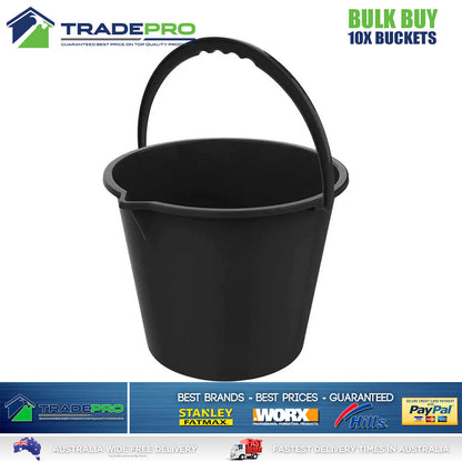 10x Plastic Bucket with Handle Black 10Ltr Buckets Pail Camping Cleaning Bulk