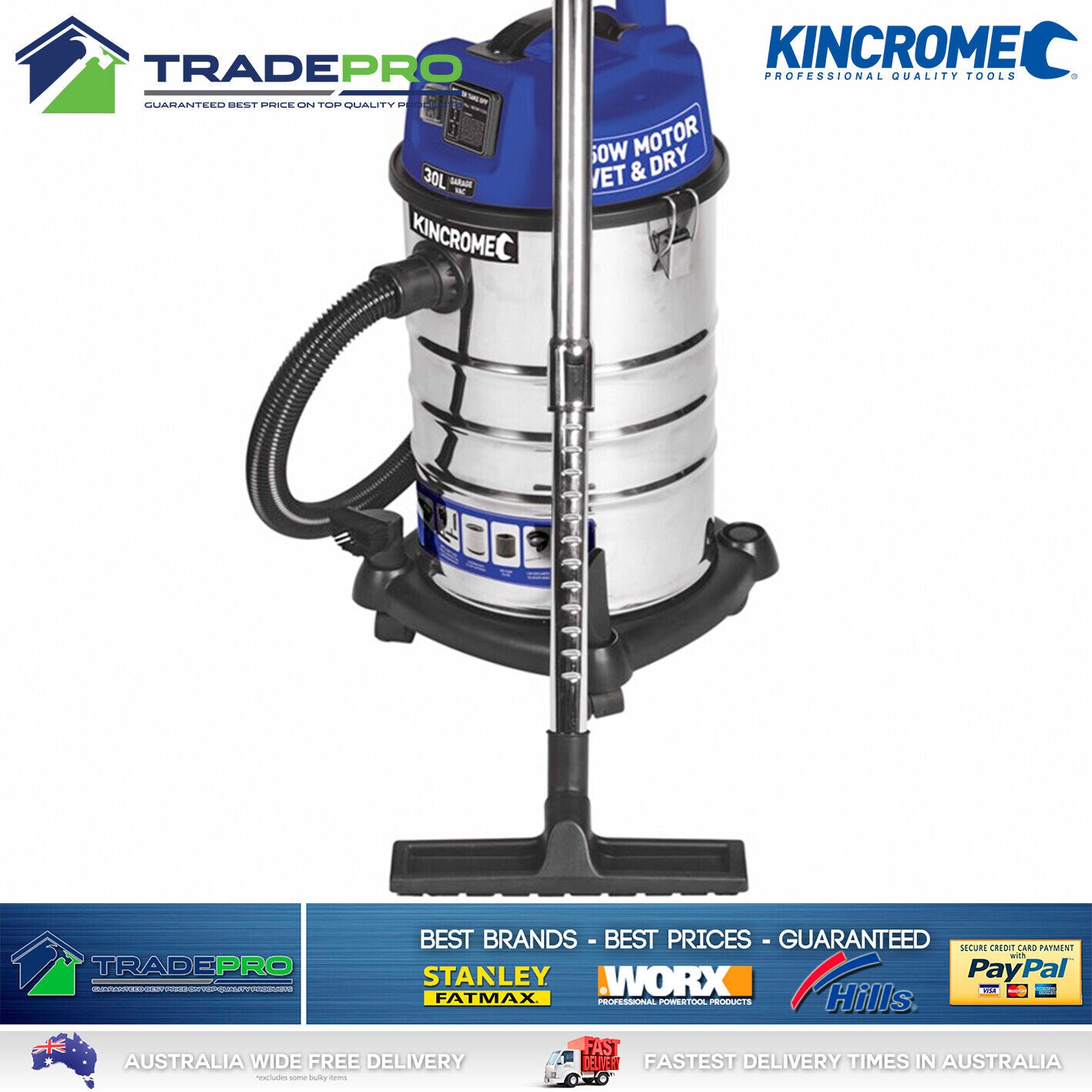 Kincrome Vacuum Cleaner Wet & Dry Commercial Work Shop 1250W Kit 30L PRO Vac