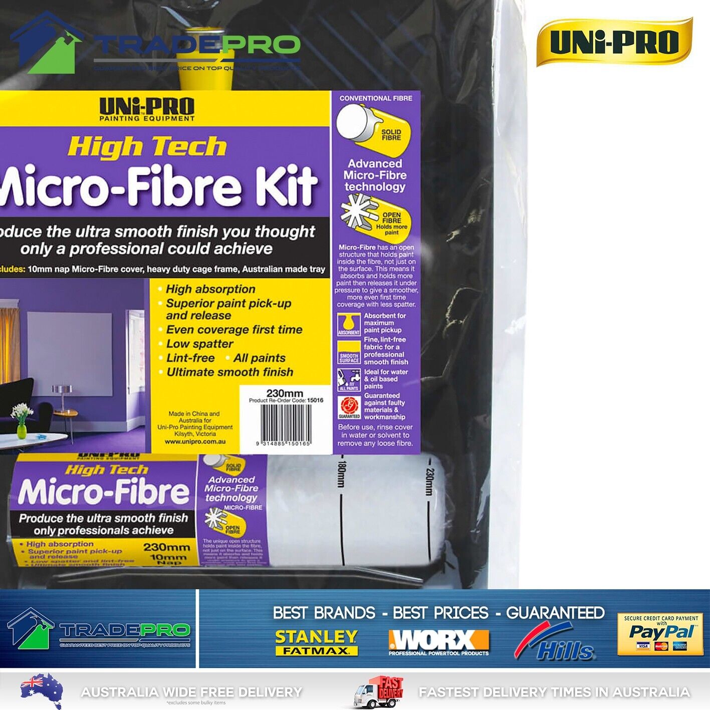 Paint Roller Kit Uni-Pro Micro-Fibre 230mm Cover & Tray Heavy Duty Set PRO