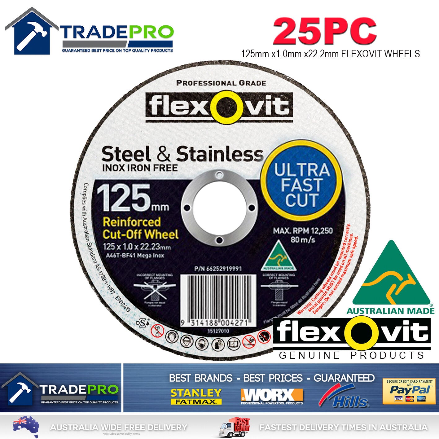 25x Metal Cut Off Wheel 125mm x22 1mm Flexovit® PRO Angle Grinder Cutting Discs