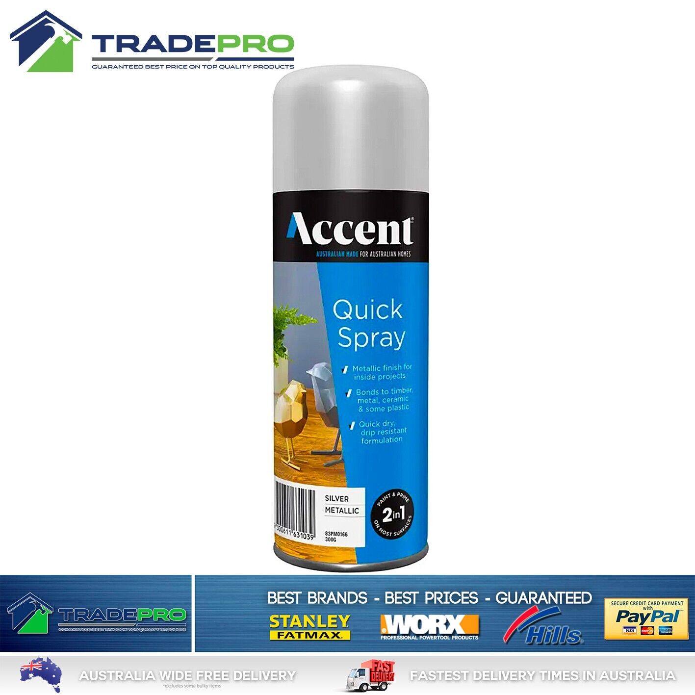 Spray Paint Can 300g Metallic Silver 2in1 Gloss Enamel Wood Metal Plastic Int&Ex