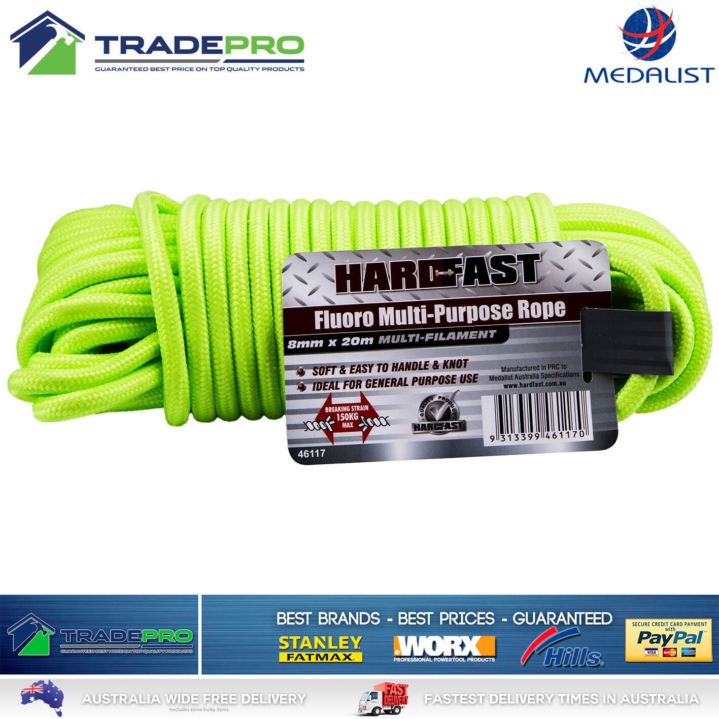 Rope 20m Multi Braided 8mm Thick HiVis All Purpose Car Boat Trailer Outdoor Cord