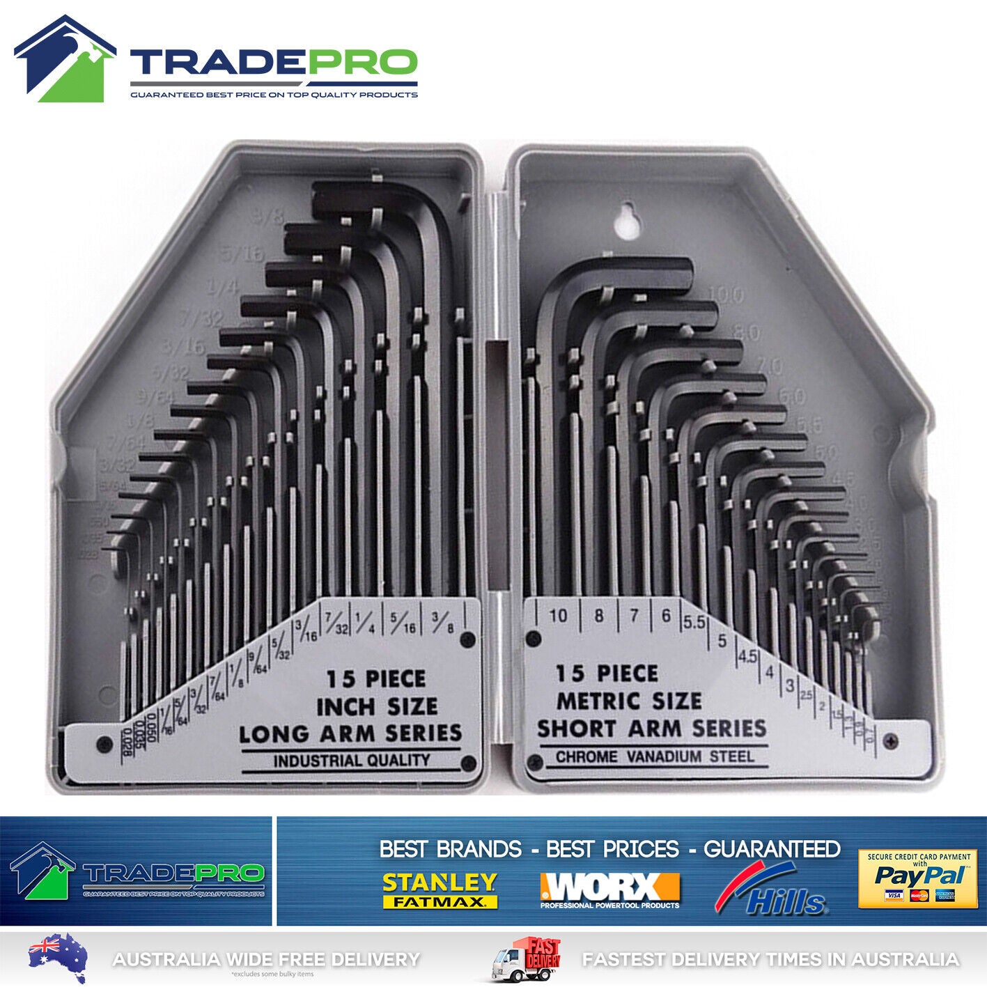 Sirdar 30 Piece Metric Imperial Long Arm Hex Key Set Allen Keys Short ...