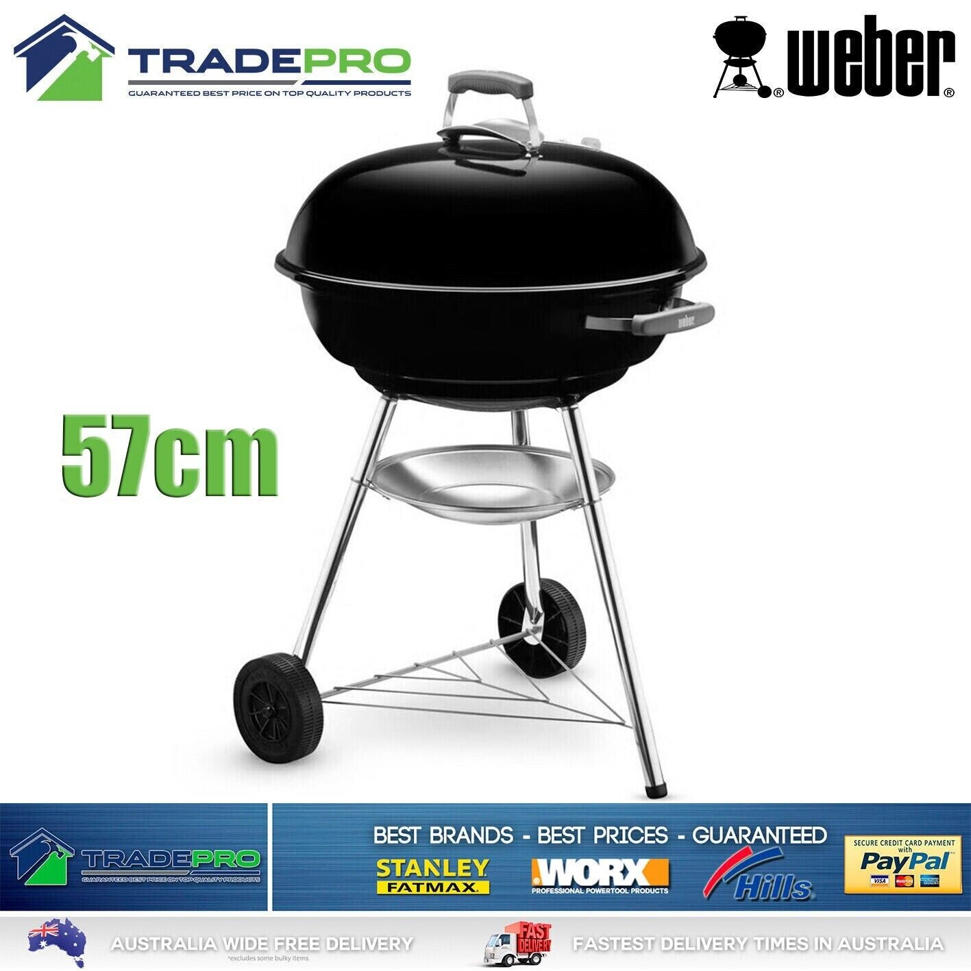 BBQ Weber Charcoal Kettle 57cm Grill with Hood &Wheels Black Barbecue Portable