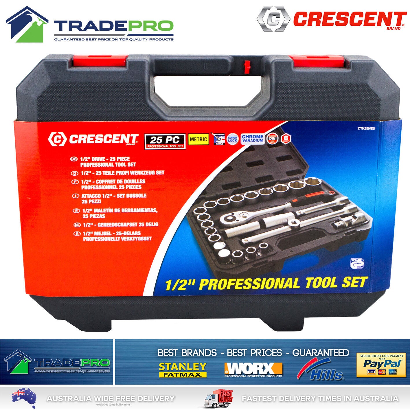 Crescent PRO Socket Set 25pc 1/2" Drive Quick Release Metric Heavy Duty Mechanic