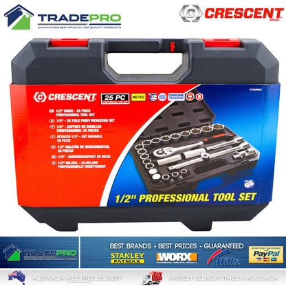 Crescent PRO Socket Set 25pc 1/2" Drive Quick Release Metric Heavy Duty Mechanic