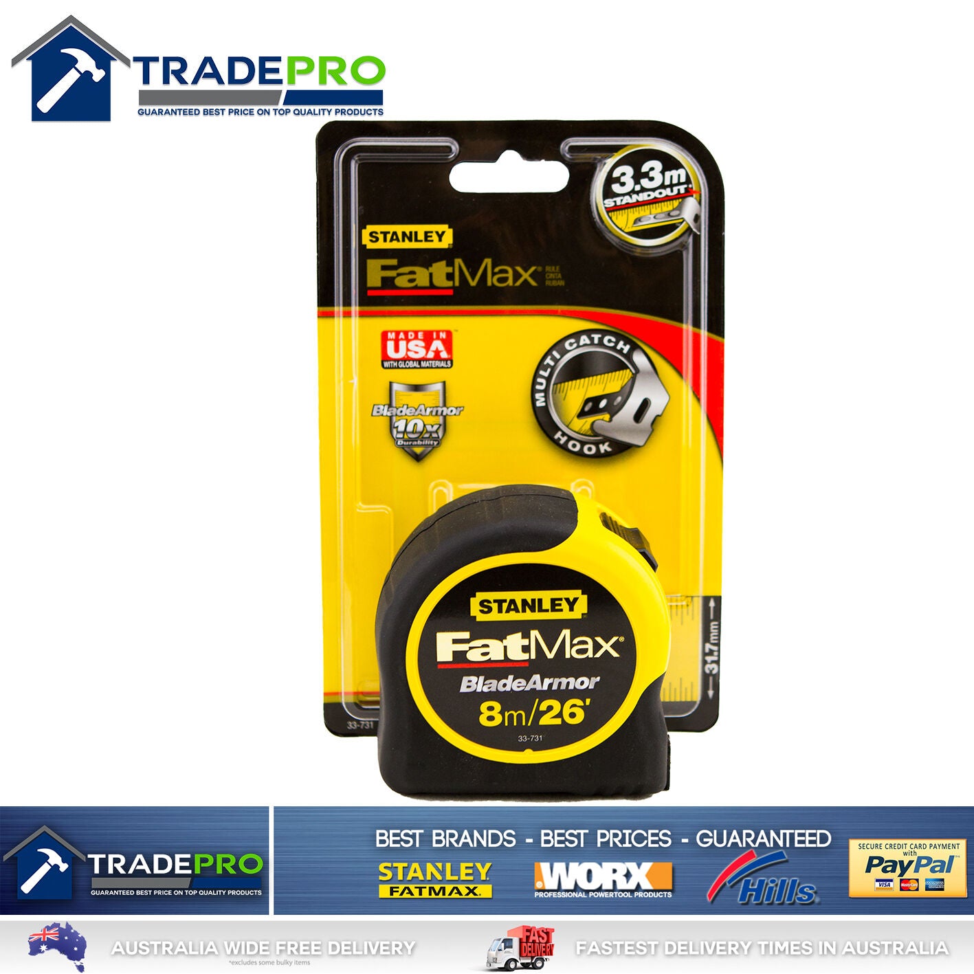 Stanley® FatMax 8m 26ft Tape Measure Metric & Imperial 8Mtr Inches Feet