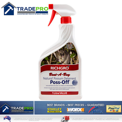 Poss Off® 1Ltr Possum Deterrent Rabbit Animal Repellent Pet Safe Spray 1 Litre