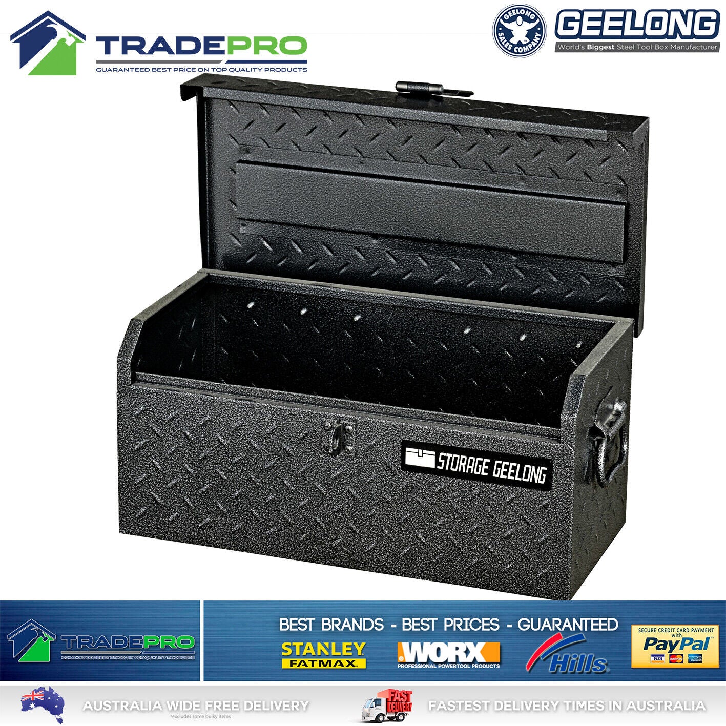 Toolbox Geelong® Trade Tool Box Chest 48cm Black Grey Steel Lockable Ute Storage
