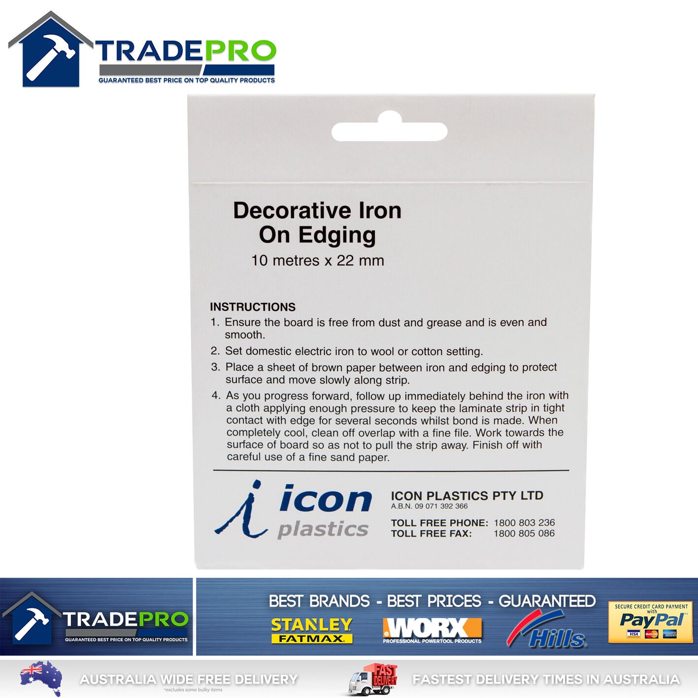 White Melamine Edge Tape 22mm x 10m ICON® Iron On Glued Veneer Edging Laminate