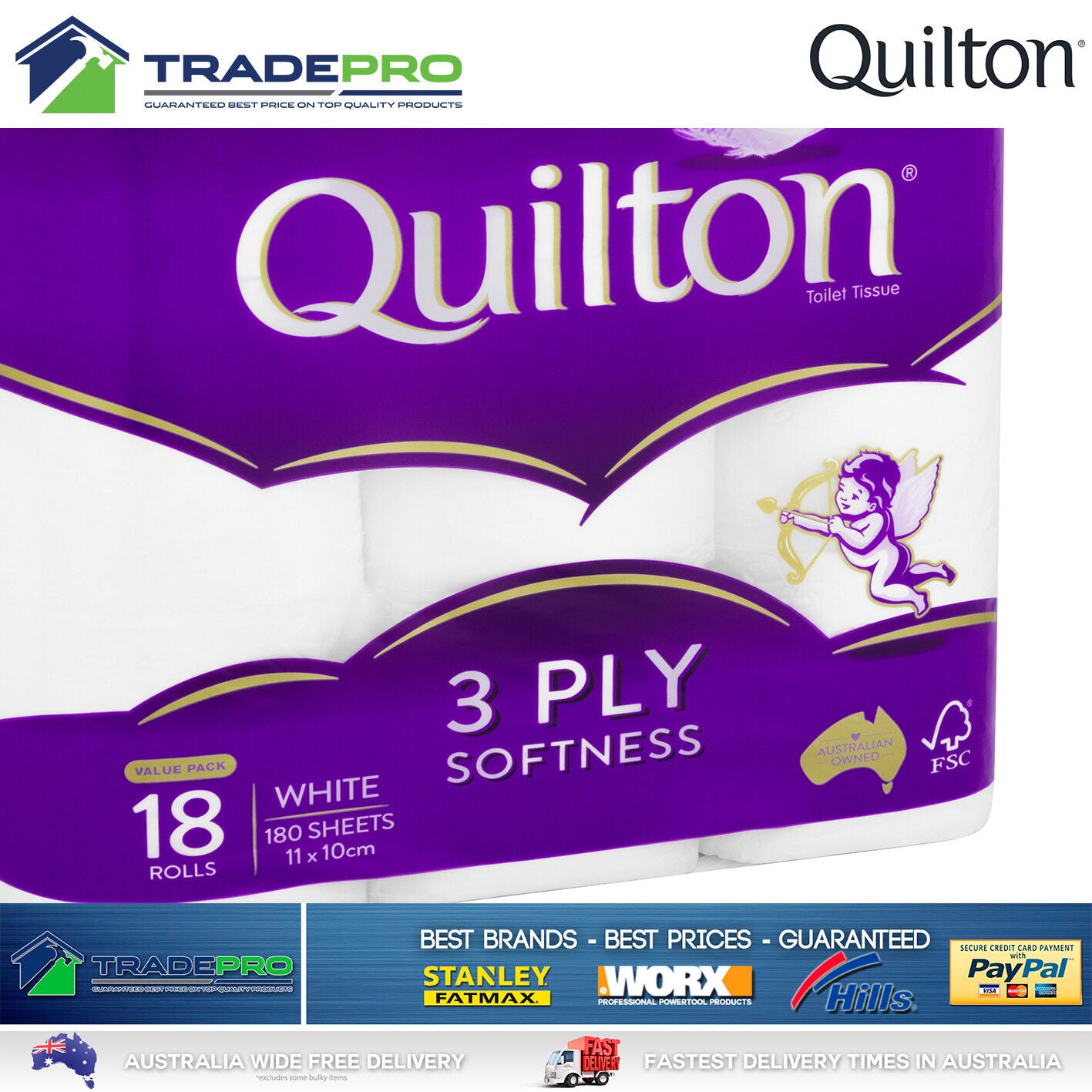 Toilet Paper 18 Rolls Deluxe Quilton 3 Ply White Soft PRO Large Roll T ...
