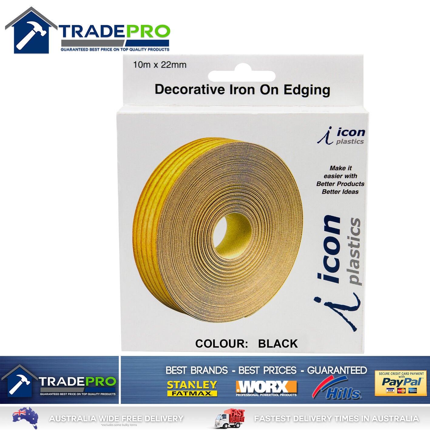 Black Melamine Edge Tape 22mm x 10m ICON® Iron On Glued Veneer Edging Laminate