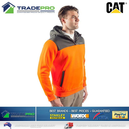 CAT Caterpillar Mens Genuine Hoodie Orange Hi-Vis 1/4 Zip Jumper Workwear XS