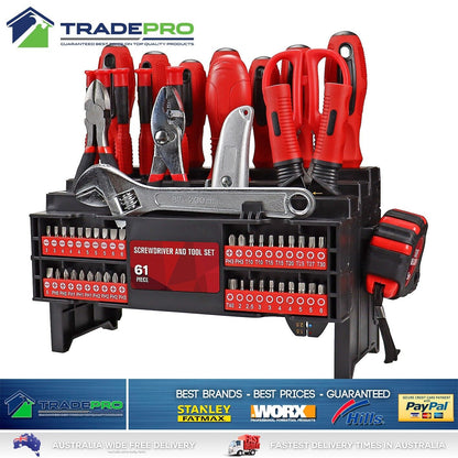 Tool Set 61pc Cr-V Screwdriver Plier Tape Measure Wrench Knife Kit Workbench PRO