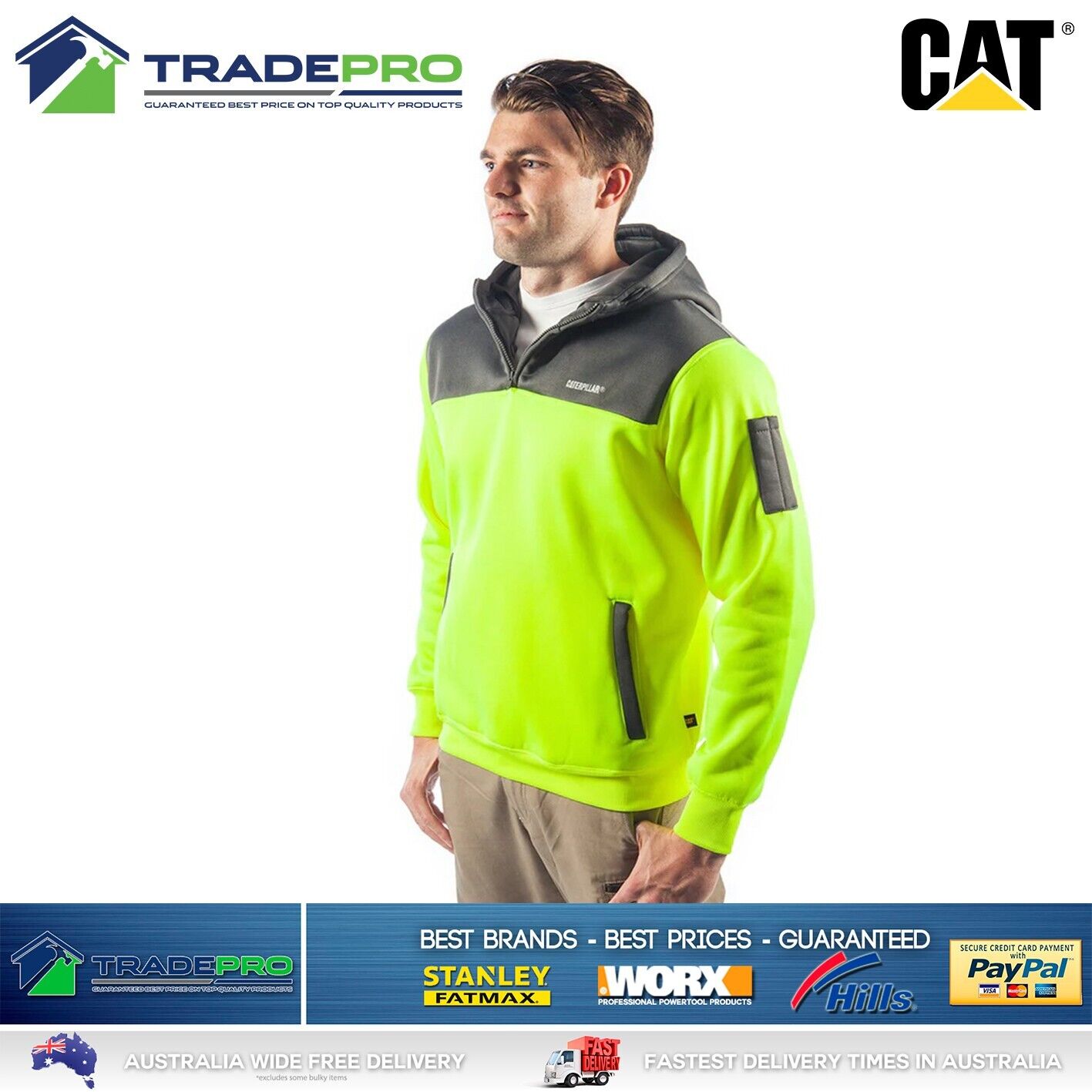 CAT Caterpillar Mens Genuine Hoodie Yellow Hi-Vis 1/4 Zip Jumper Workwear Small
