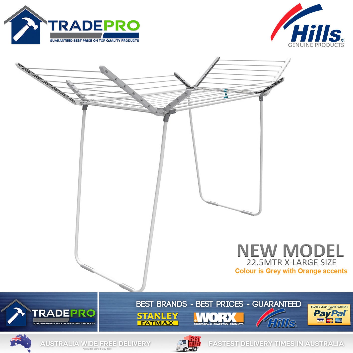 Hills Clothes Line Airer Premium 4 Wing 22.5Mtr Expanding Portable Dry TradePro Hardware