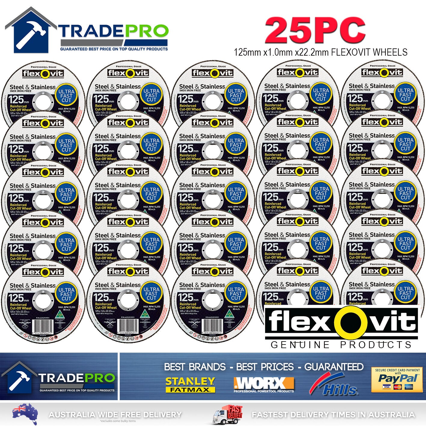 25x Metal Cut Off Wheel 125mm x22 1mm Flexovit® PRO Angle Grinder Cutting Discs
