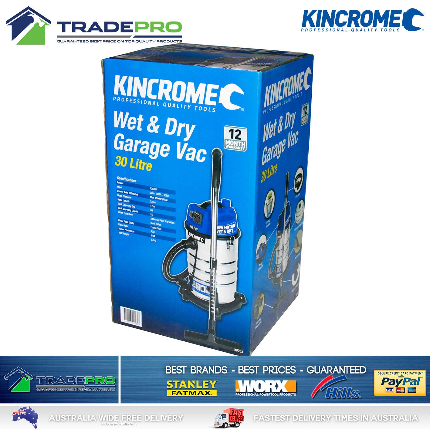 Kincrome Vacuum Cleaner Wet & Dry Commercial Work Shop 1250W Kit 30L PRO Vac