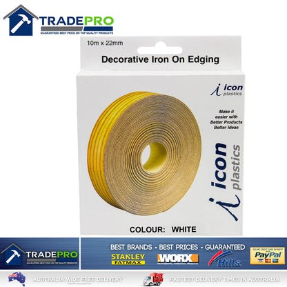White Melamine Edge Tape 22mm x 10m ICON® Iron On Glued Veneer Edging Laminate