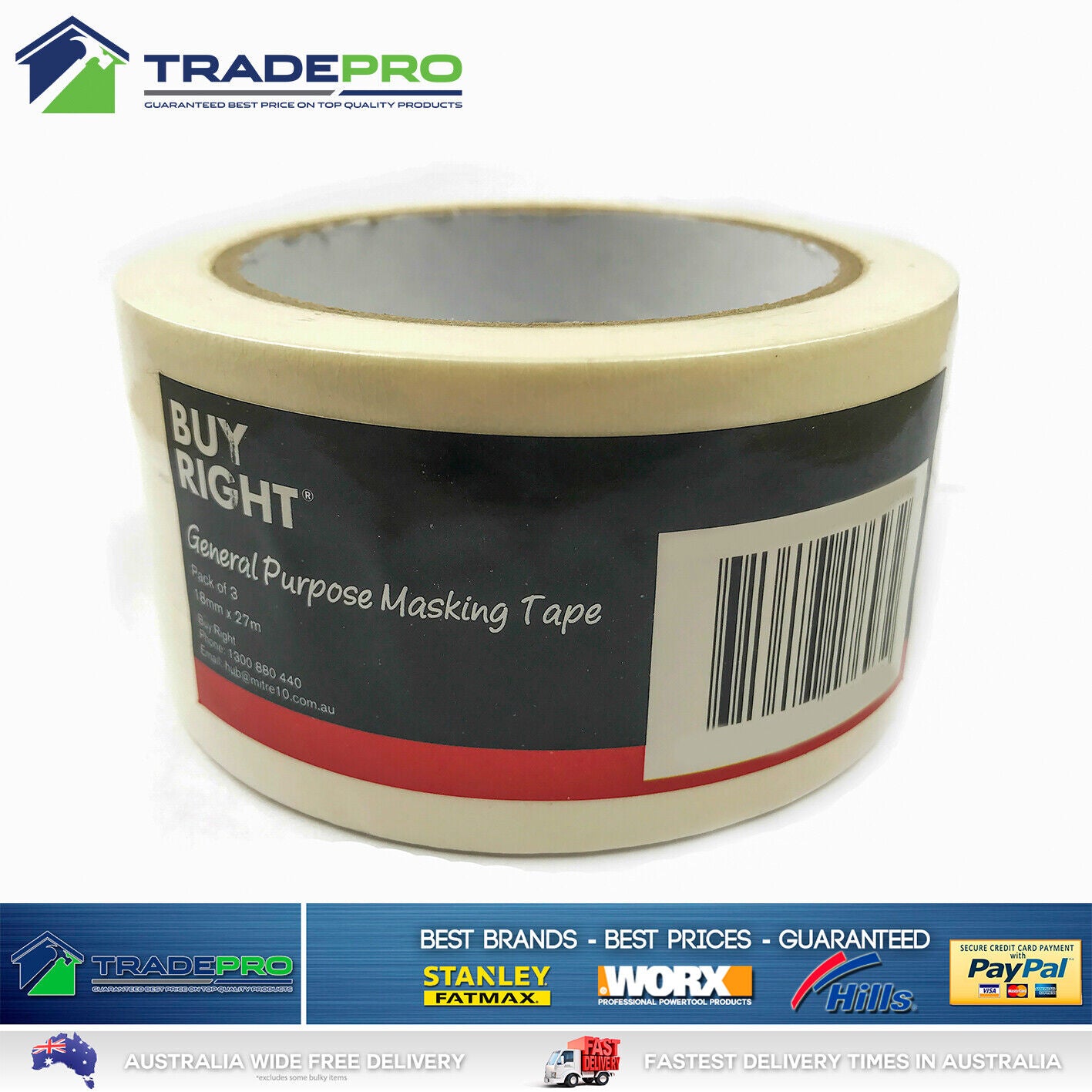 3x Masking Tape BuyRight Premium 18mm x 27m Bulk Painting Paint Edging Sticky