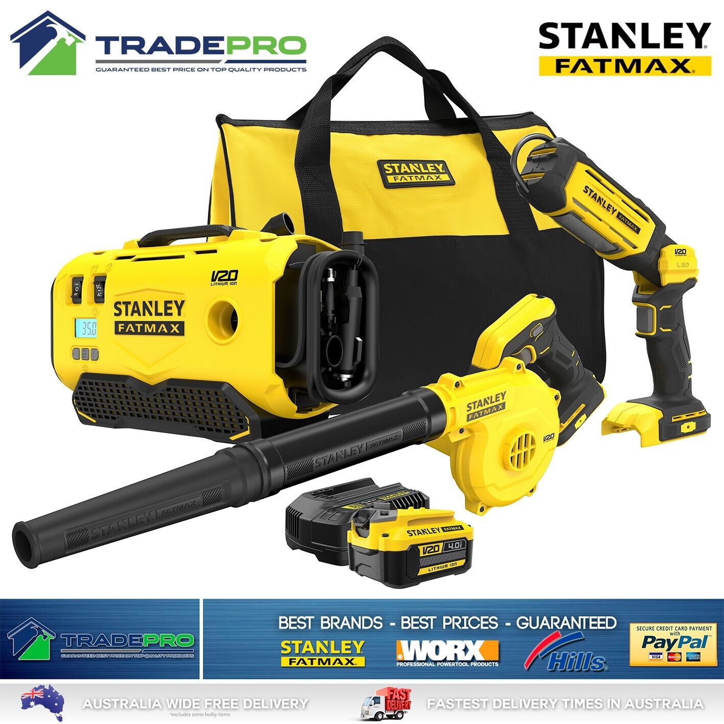 Stanley Fatmax 18V 6pc Combo Kit Cordless Blower Inflator LED Light Set Battery