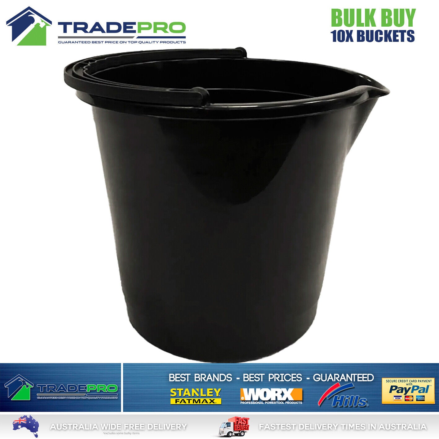 10x Plastic Bucket with Handle Black 10Ltr Buckets Pail Camping Cleaning Bulk