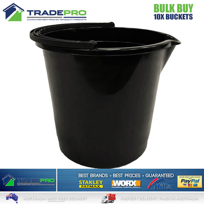 10x Plastic Bucket with Handle Black 10Ltr Buckets Pail Camping Cleaning Bulk