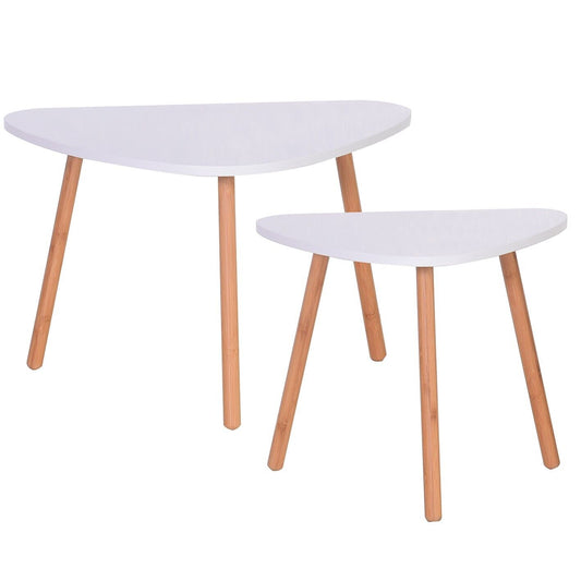 Coffee Table Pair 2pc White Bamboo Side Tables Bedside Wood Shelf Plant Stand