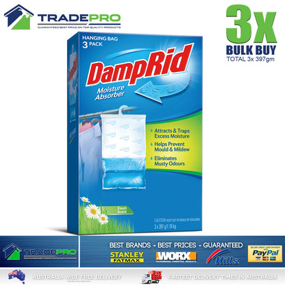 3x DampRid Hanging Moisture Absorber 397g Damp Rid Packs Model Mould Odour Kill