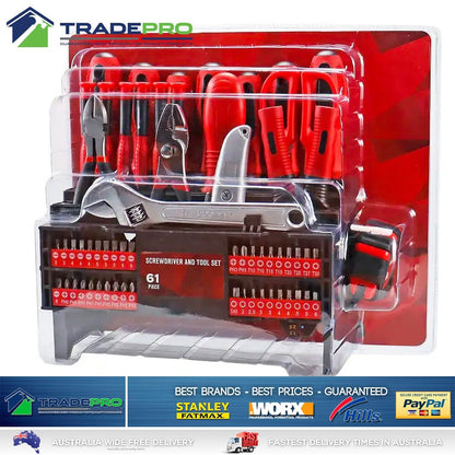 Tool Set 61pc Cr-V Screwdriver Plier Tape Measure Wrench Knife Kit Workbench PRO